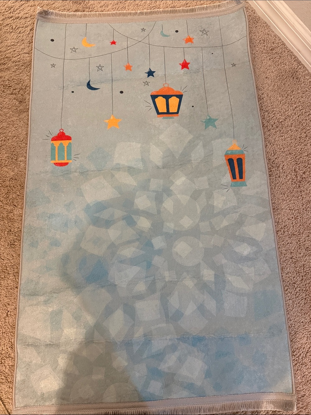 Blue Prayer Rug with Hanging Lanterns and Stars